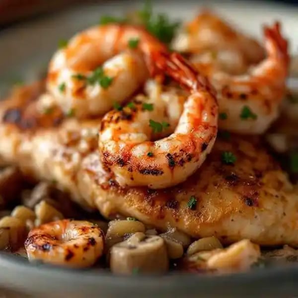 Grilled shrimp and chicken with mushrooms, garnished with parsley, served on a plate.