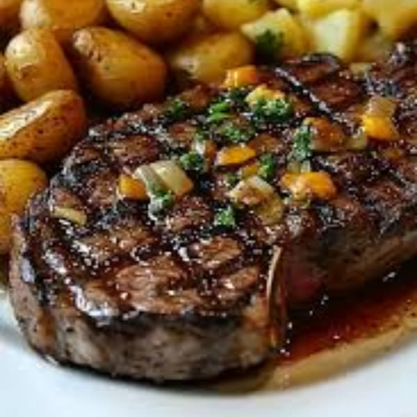 Grilled steak with sauce, diced vegetables, and parsley, served with roasted potatoes at PortuCale Restaurant.